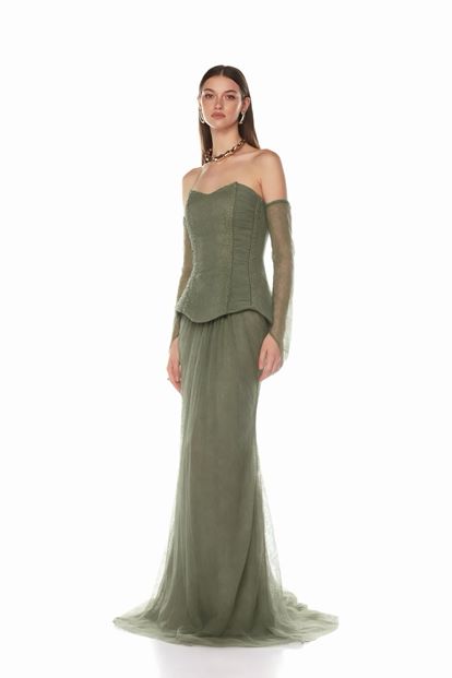 Mint Peplum Detaylı  Dantelli Abiye  Elbise